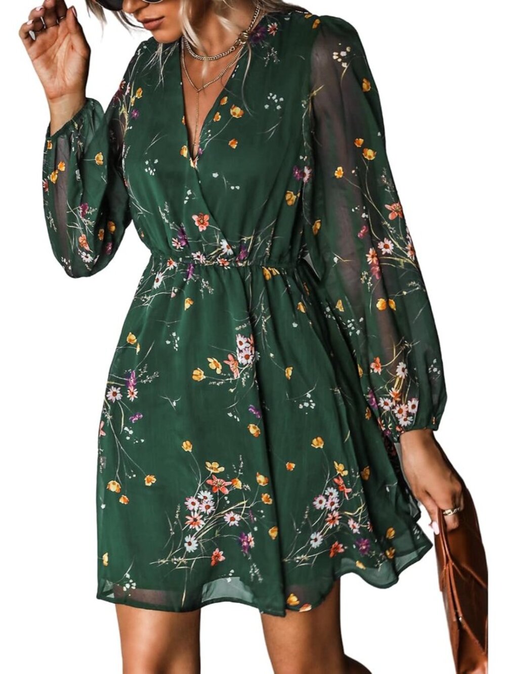 Women's Green Fall Floral Long Sleeve V Neck Boho Mini Wedding Guest Dresses